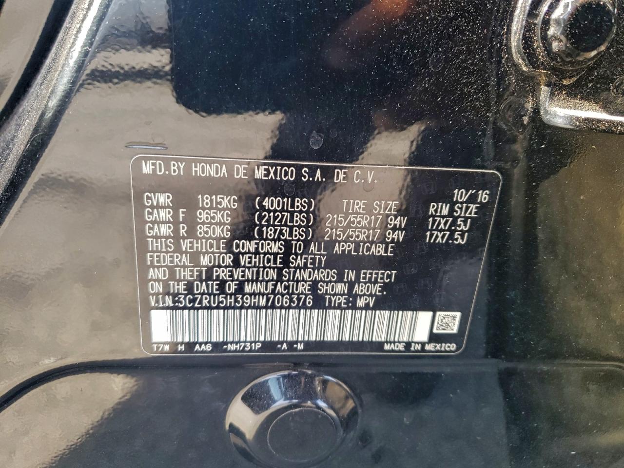 2017 Honda Hr-V Lx VIN: 3CZRU5H39HM706376 Lot: 94540585