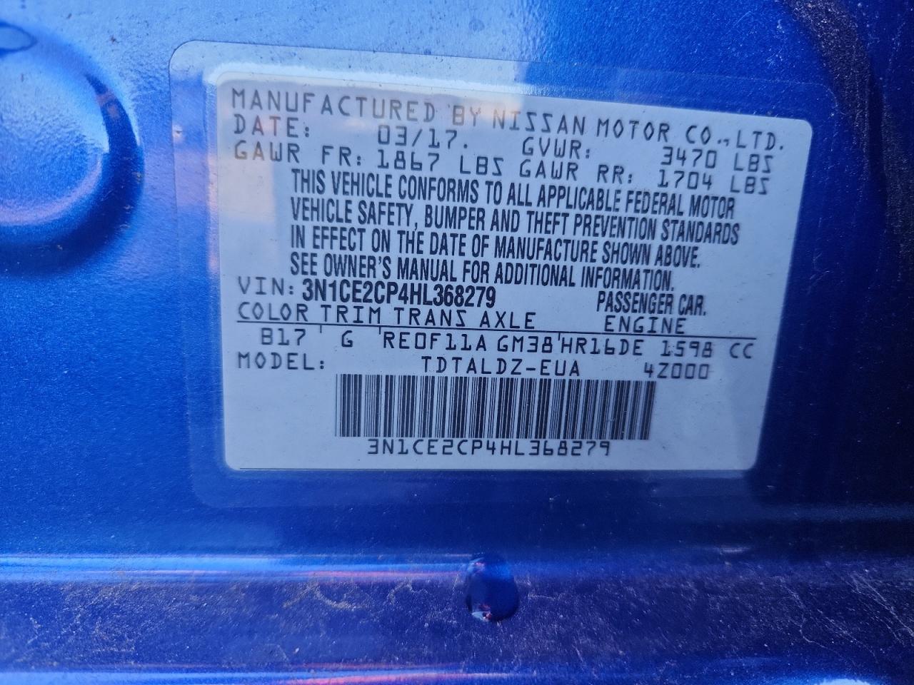 2017 Nissan Versa Note S VIN: 3N1CE2CP4HL368279 Lot: 92243655