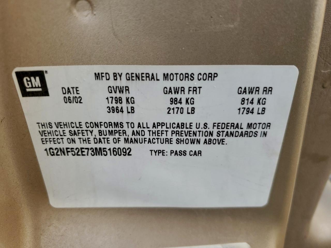 2003 Pontiac Grand Am Se1 VIN: 1G2NF52E73M516092 Lot: 94142225