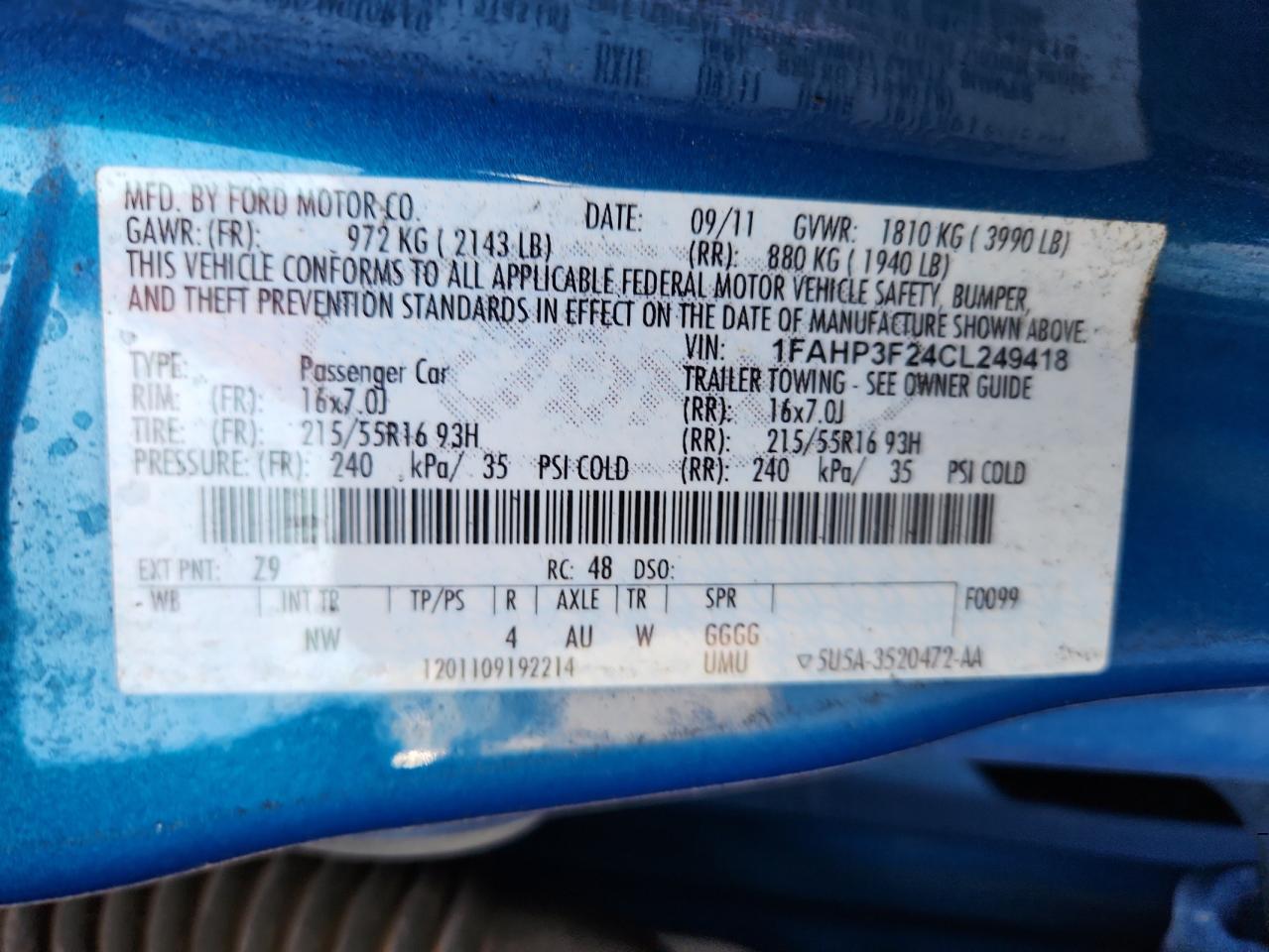 2012 Ford Focus Se VIN: 1FAHP3F24CL249418 Lot: 91621835