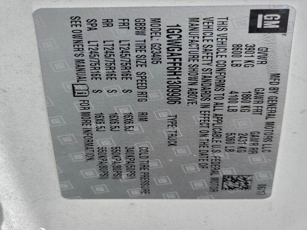 2017 Chevrolet Express G2500 VIN: 1GCWGAFF6H1309906 Lot: 93921925