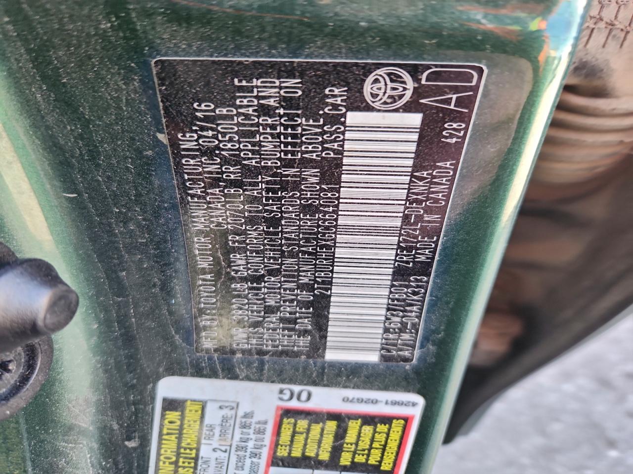 2016 Toyota Corolla L VIN: 2T1BURHEXGC664081 Lot: 94452275