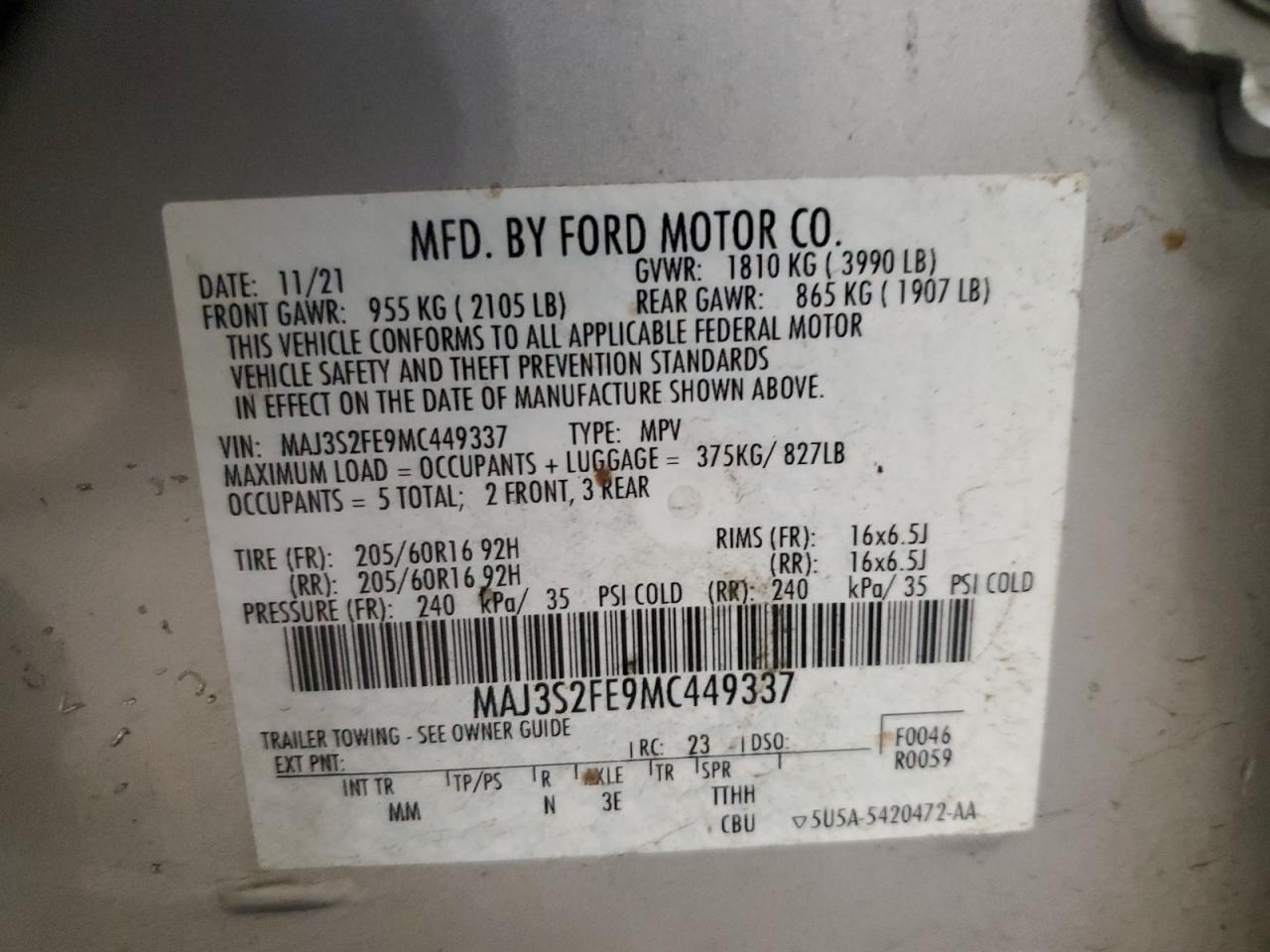 2021 Ford Ecosport S VIN: MAJ3S2FE9MC449337 Lot: 92994015