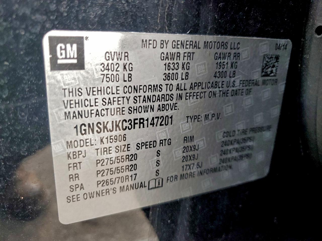 2015 Chevrolet Suburban K1500 Lt VIN: 1GNSKJKC3FR147201 Lot: 93896525