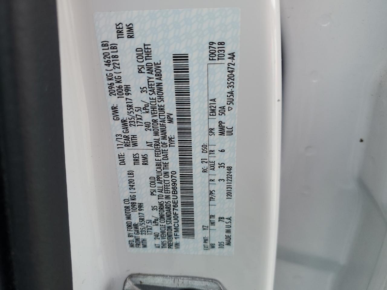 2014 Ford Escape S VIN: 1FMCU0F76EUB69070 Lot: 92611155