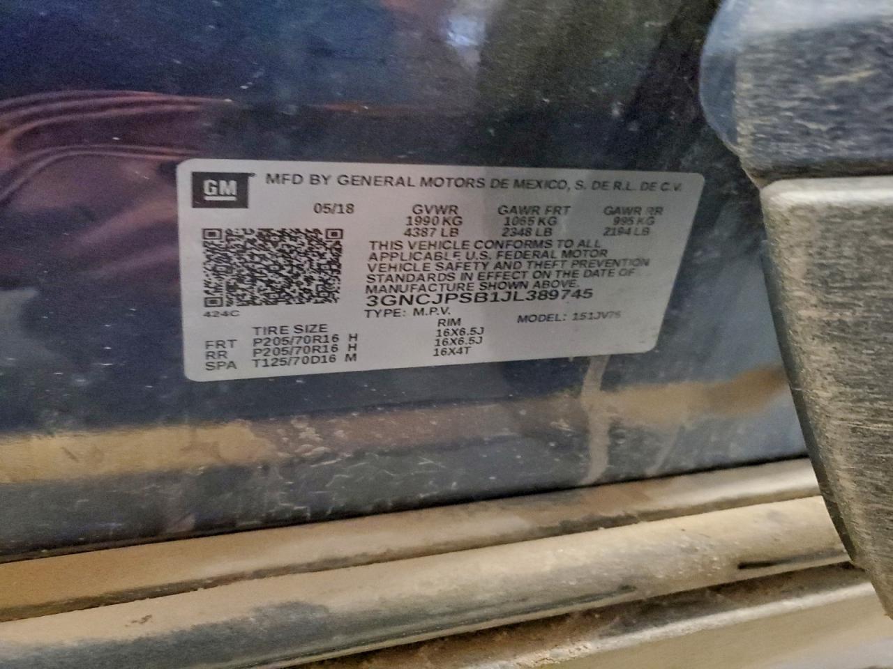 2018 Chevrolet Trax 1Lt VIN: 3GNCJPSB1JL389745 Lot: 94154785