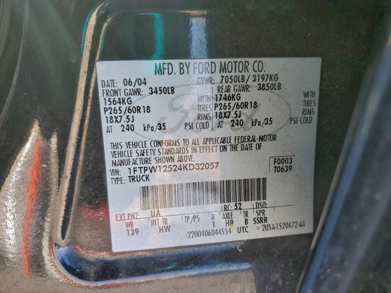 2004 Ford F150 Supercrew VIN: 1FTPW12524KD32057 Lot: 92238595