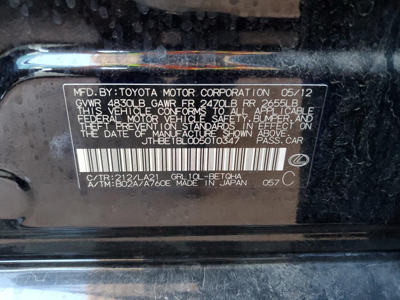 2013 Lexus Gs 350 VIN: JTHBE1BL0D5010347 Lot: 93159775