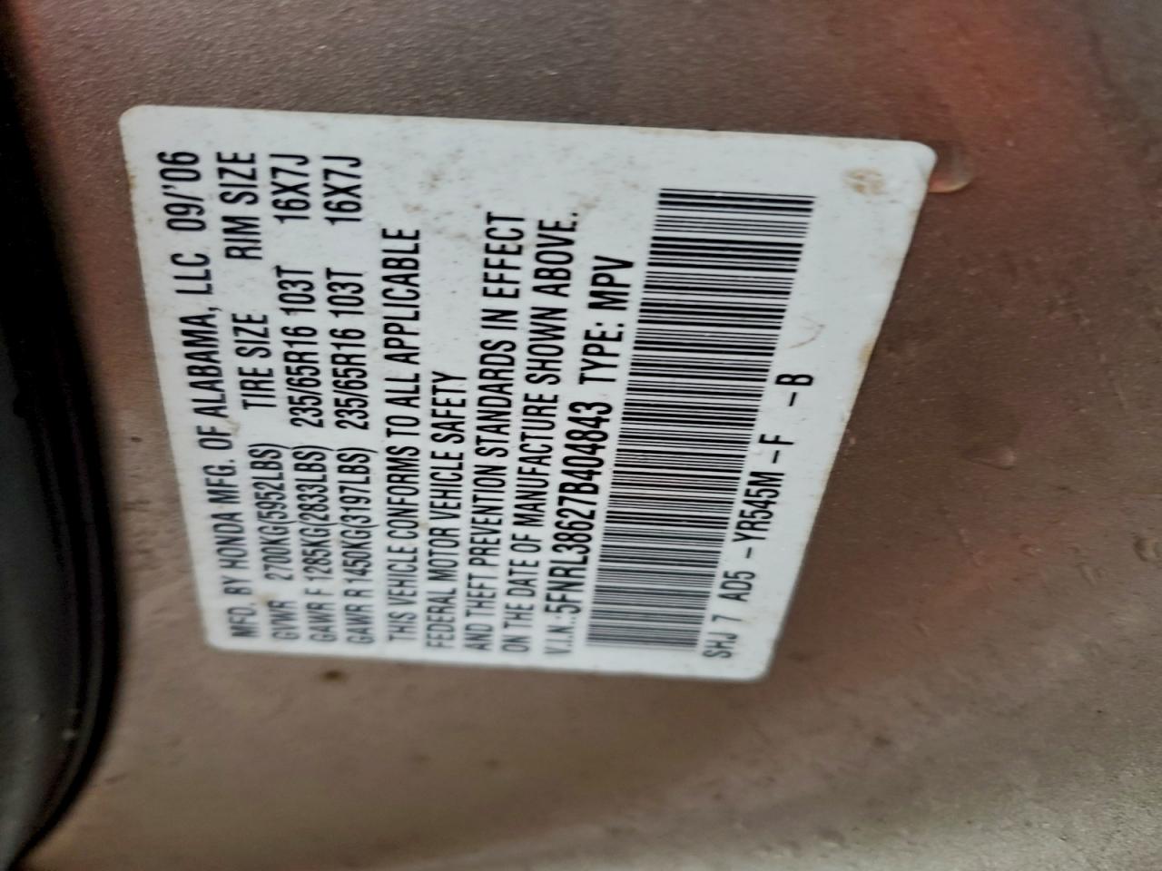 2007 Honda Odyssey Exl VIN: 5FNRL38627B404843 Lot: 93699755