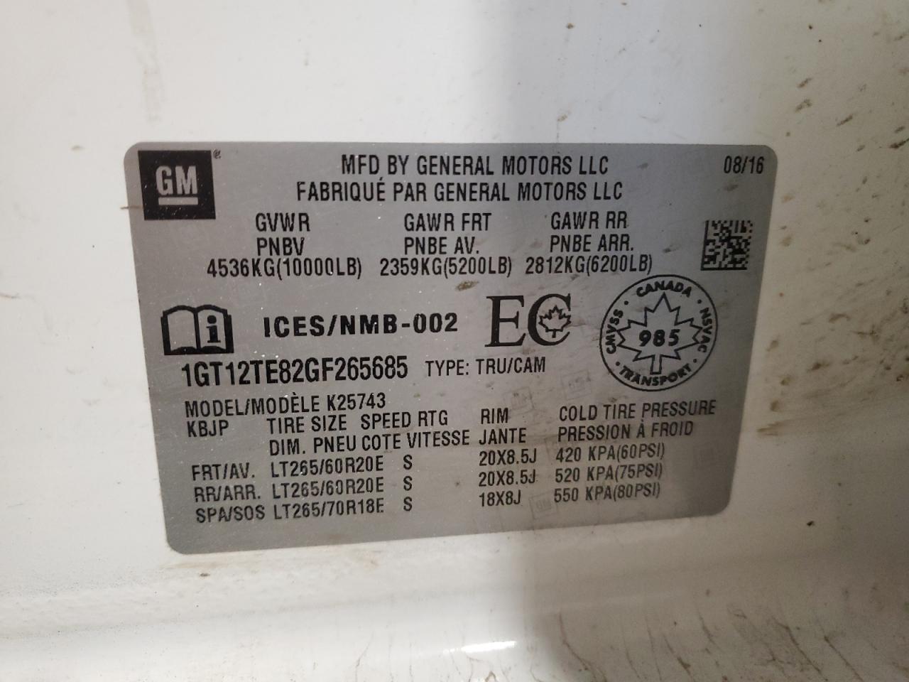 2016 GMC Sierra K2500 Slt VIN: 1GT12TE82GF265685 Lot: 92926225