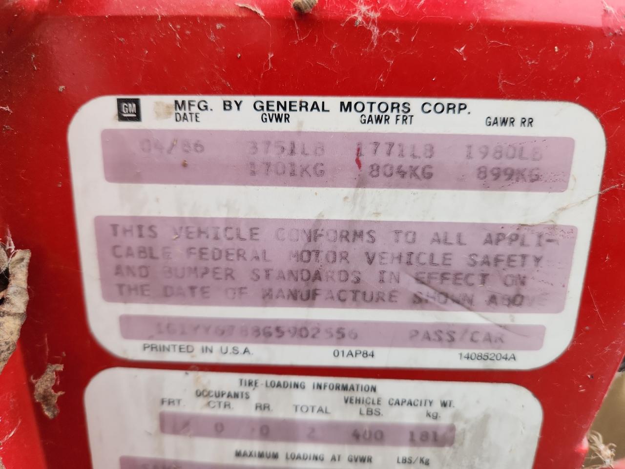 1986 Chevrolet Corvette VIN: 1G1YY6788G5902556 Lot: 93940595