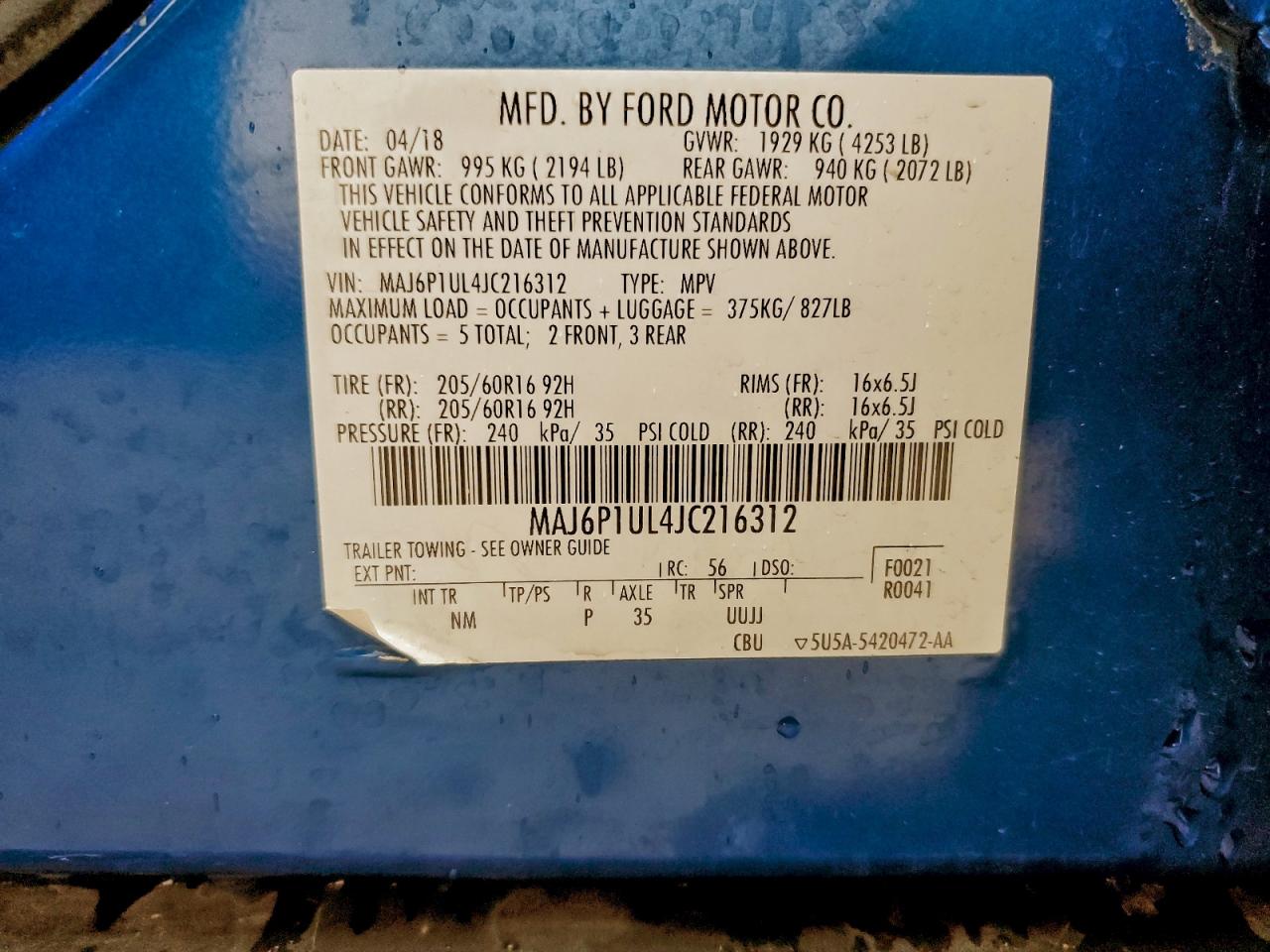 2018 Ford Ecosport Se VIN: MAJ6P1UL4JC216312 Lot: 93962725