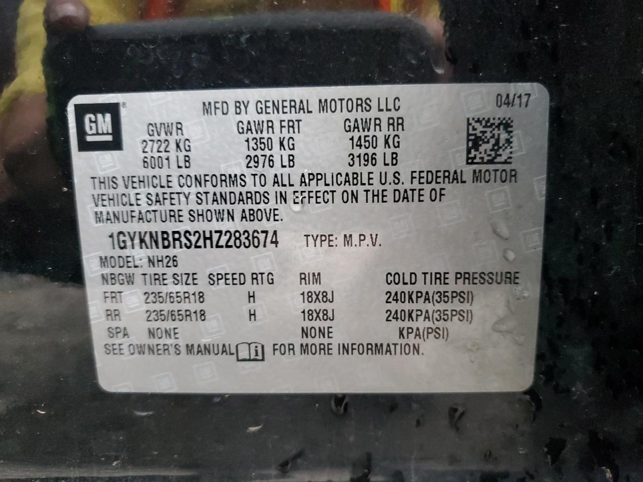 2017 Cadillac Xt5 Luxury VIN: 1GYKNBRS2HZ283674 Lot: 93139295