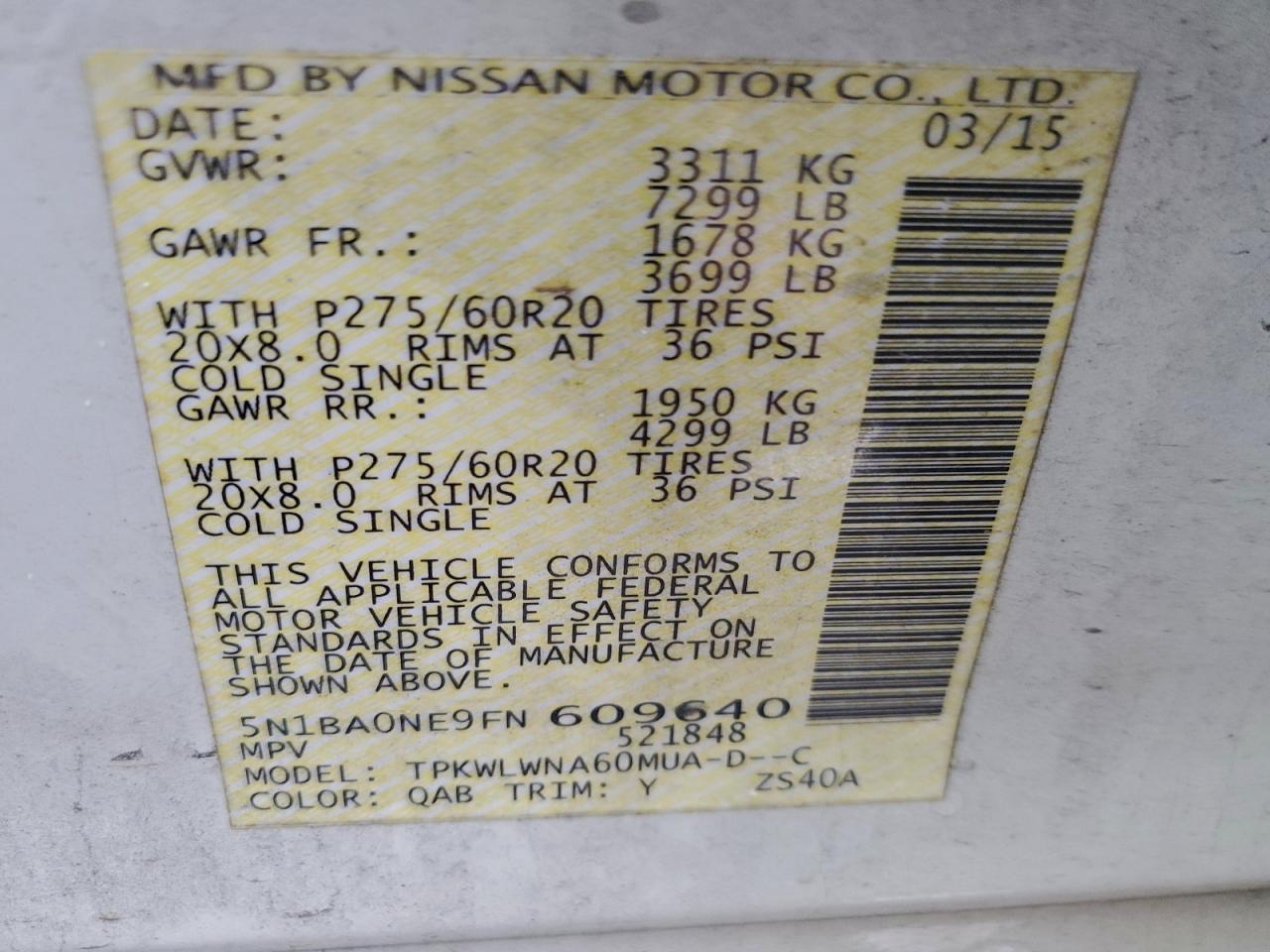 2015 Nissan Armada Platinum VIN: 5N1BA0NE9FN609640 Lot: 93856885