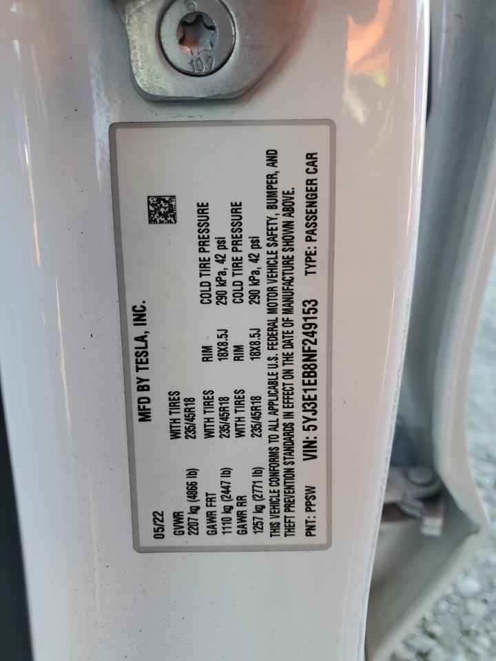 2022 Tesla Model 3 VIN: 5YJ3E1EB8NF249153 Lot: 91809555