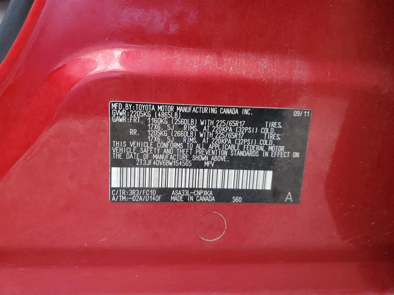 2011 Toyota Rav4 VIN: 2T3JF4DV6BW154565 Lot: 92179535