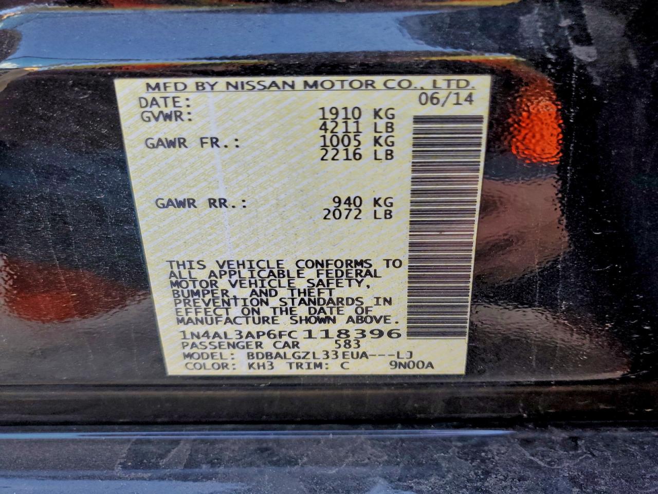 2015 Nissan Altima 2.5 VIN: 1N4AL3AP6FC118396 Lot: 94635115