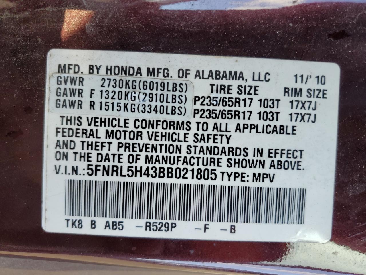 2011 Honda Odyssey Ex VIN: 5FNRL5H43BB021805 Lot: 91815955