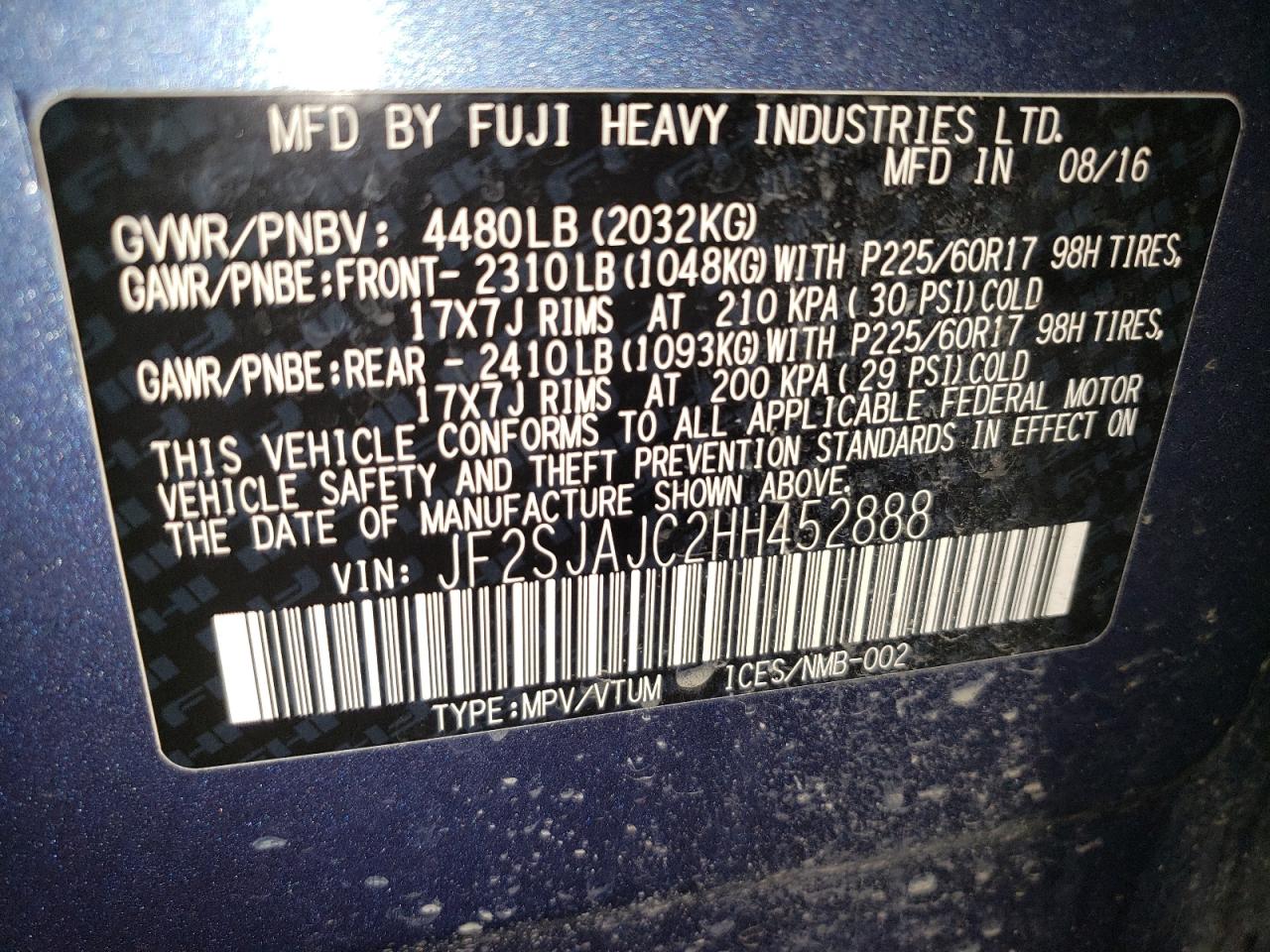 2017 Subaru Forester 2.5I Limited VIN: JF2SJAJC2HH452888 Lot: 87489715