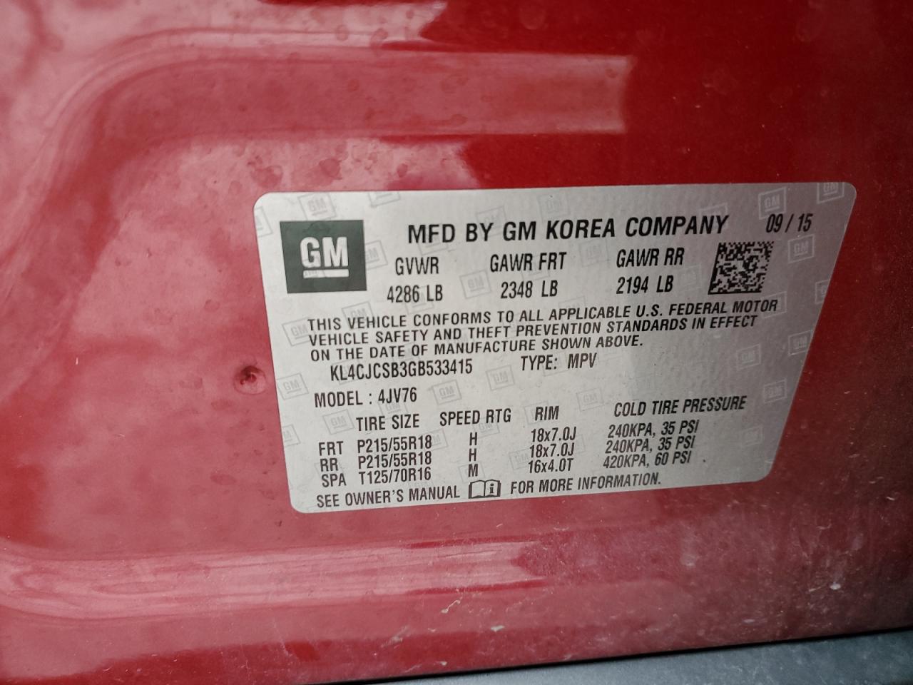 2016 Buick Encore VIN: KL4CJCSB3GB533415 Lot: 91863805