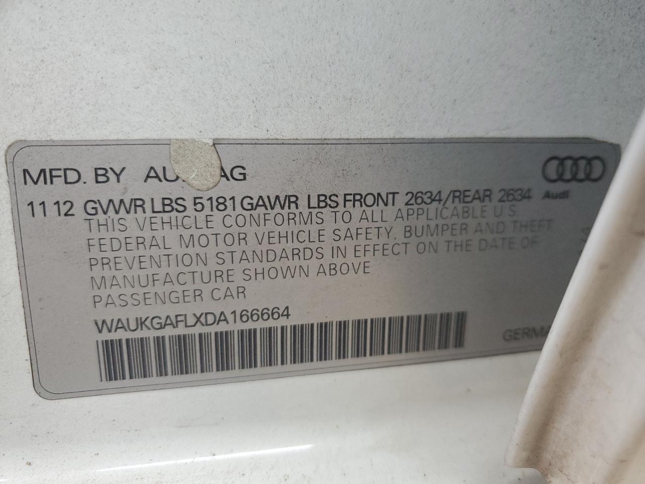 2013 Audi S4 Prestige VIN: WAUKGAFLXDA166664 Lot: 91140585