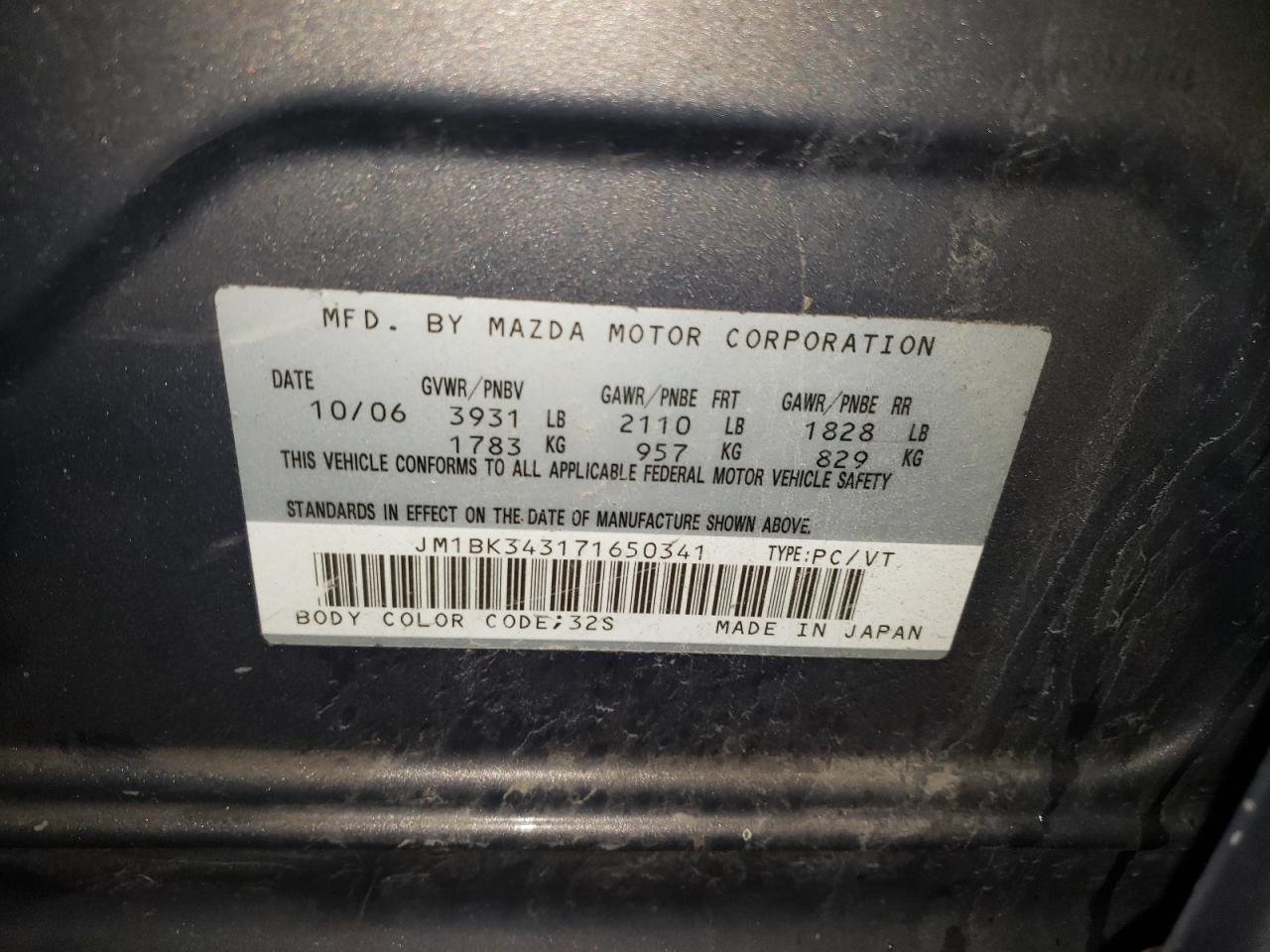 2007 Mazda 3 Hatchback VIN: JM1BK343171650341 Lot: 86270325