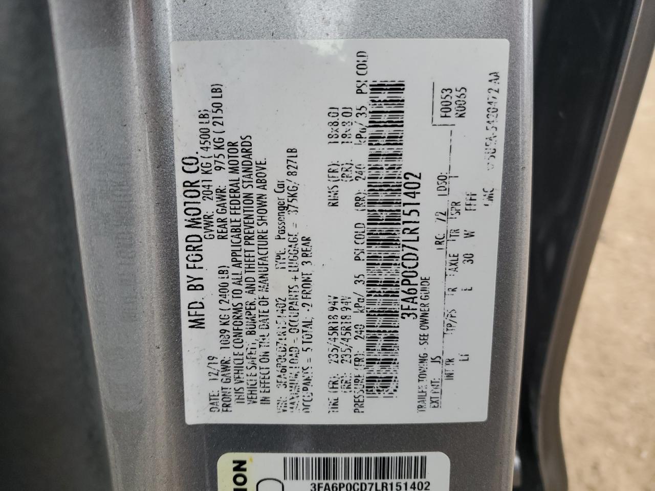 2020 Ford Fusion Sel VIN: 3FA6P0CD7LR151402 Lot: 92817845