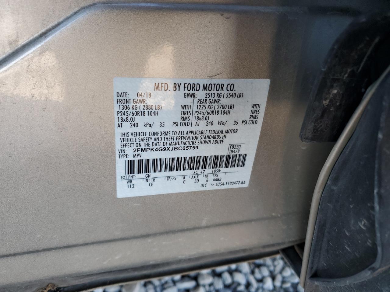 2018 Ford Edge Se VIN: 2FMPK4G9XJBC05759 Lot: 92796555