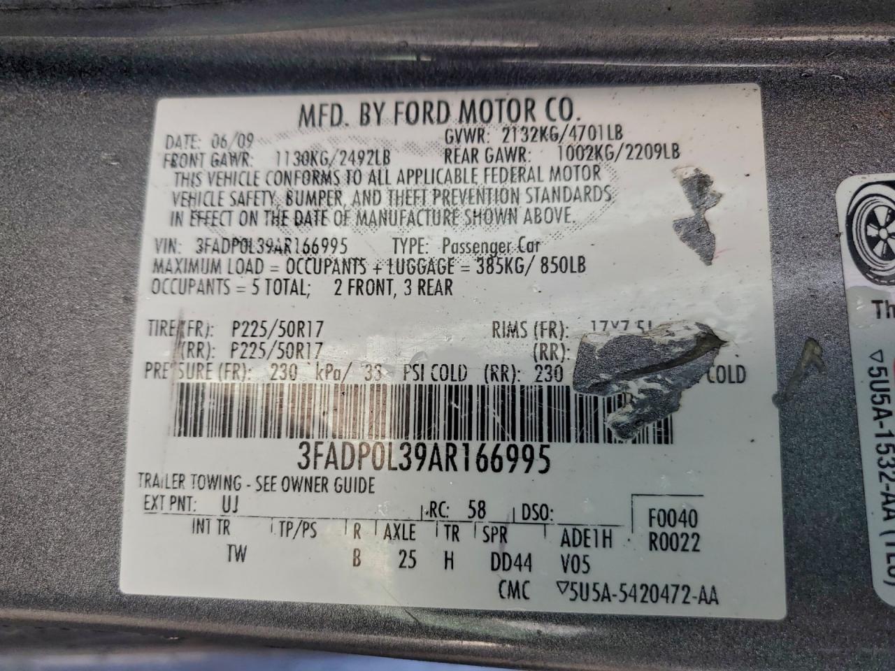 2010 Ford Fusion Hybrid VIN: 3FADP0L39AR166995 Lot: 94321235