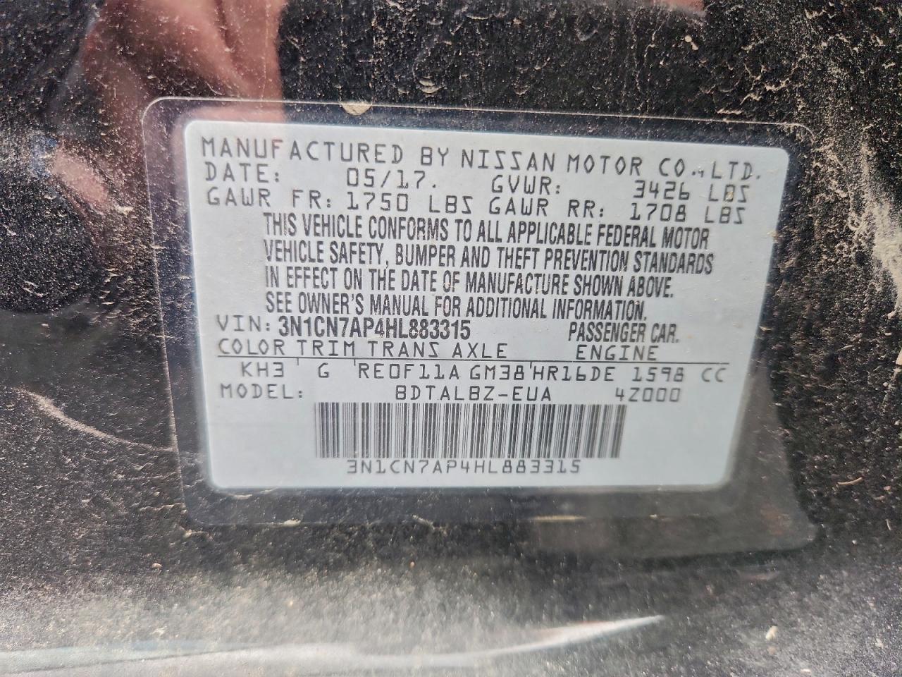 2017 Nissan Versa S VIN: 3N1CN7AP4HL883315 Lot: 93395225