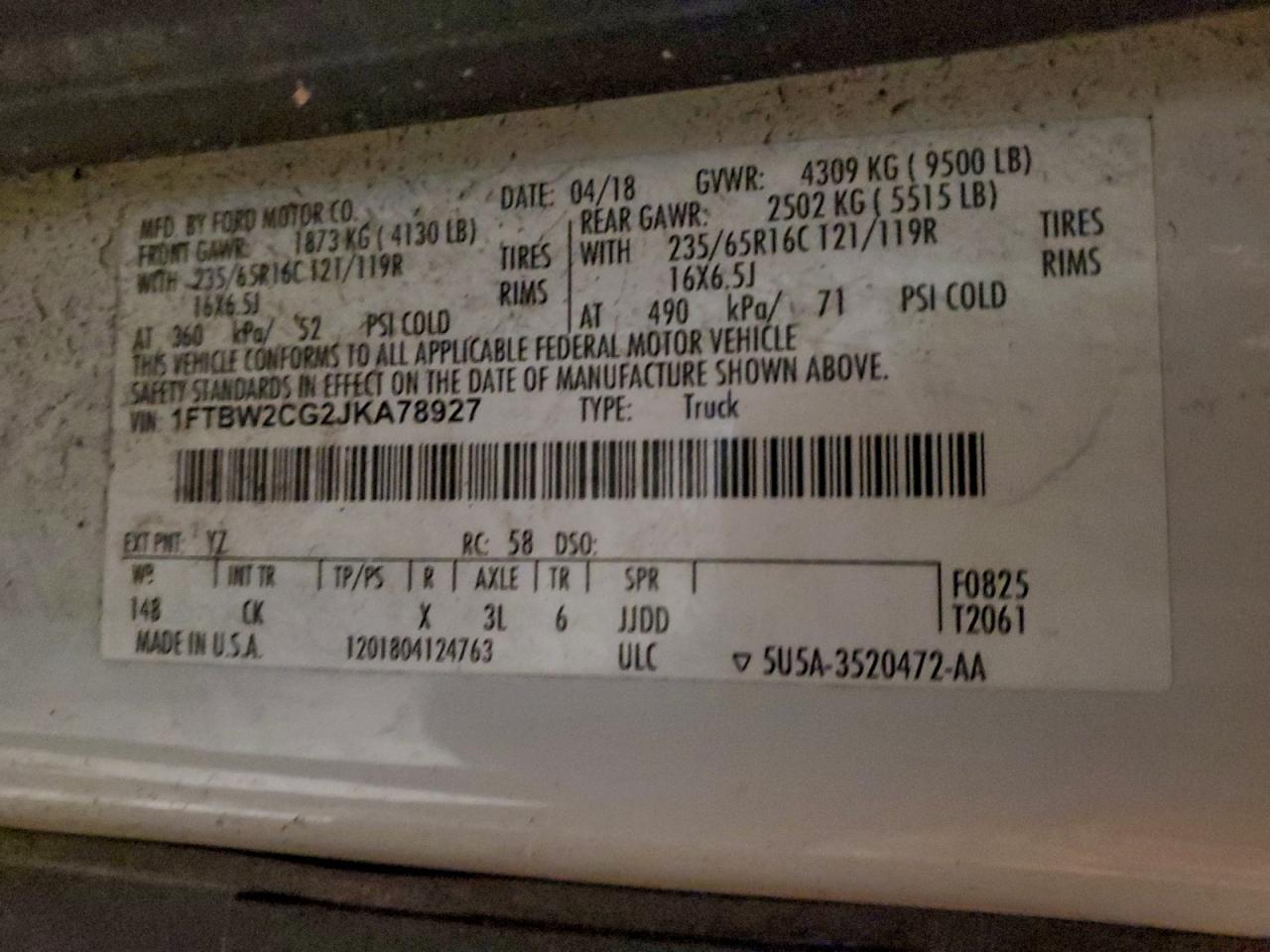 2018 Ford Transit T-350 VIN: 1FTBW2CG2JKA78927 Lot: 94489775