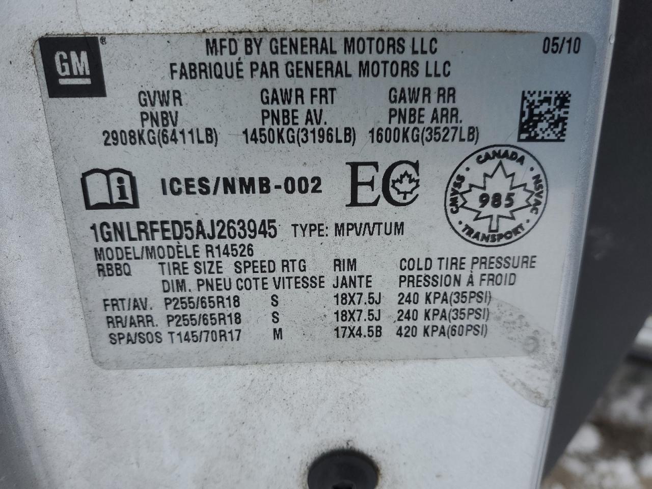 2010 Chevrolet Traverse Lt VIN: 1GNLRFED5AJ263945 Lot: 92213345