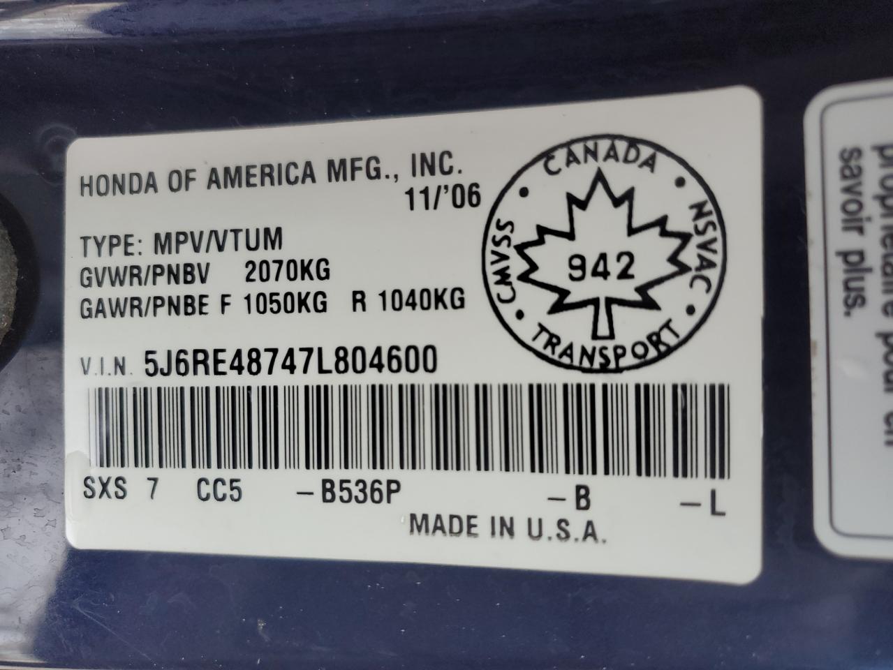 2007 Honda Cr-V Exl VIN: 5J6RE48747L804600 Lot: 92004815