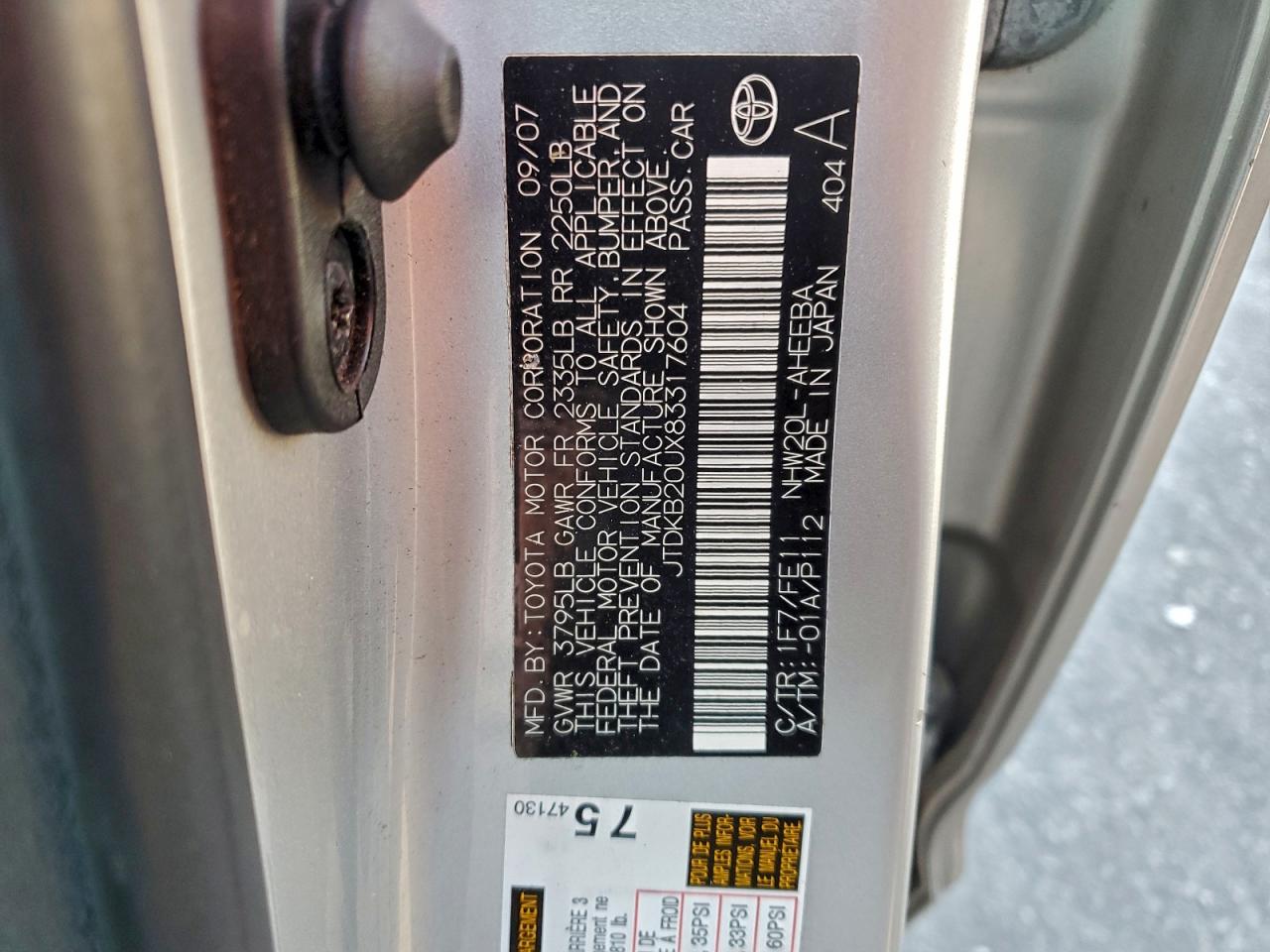 2008 Toyota Prius VIN: JTDKB20UX83317604 Lot: 93248805