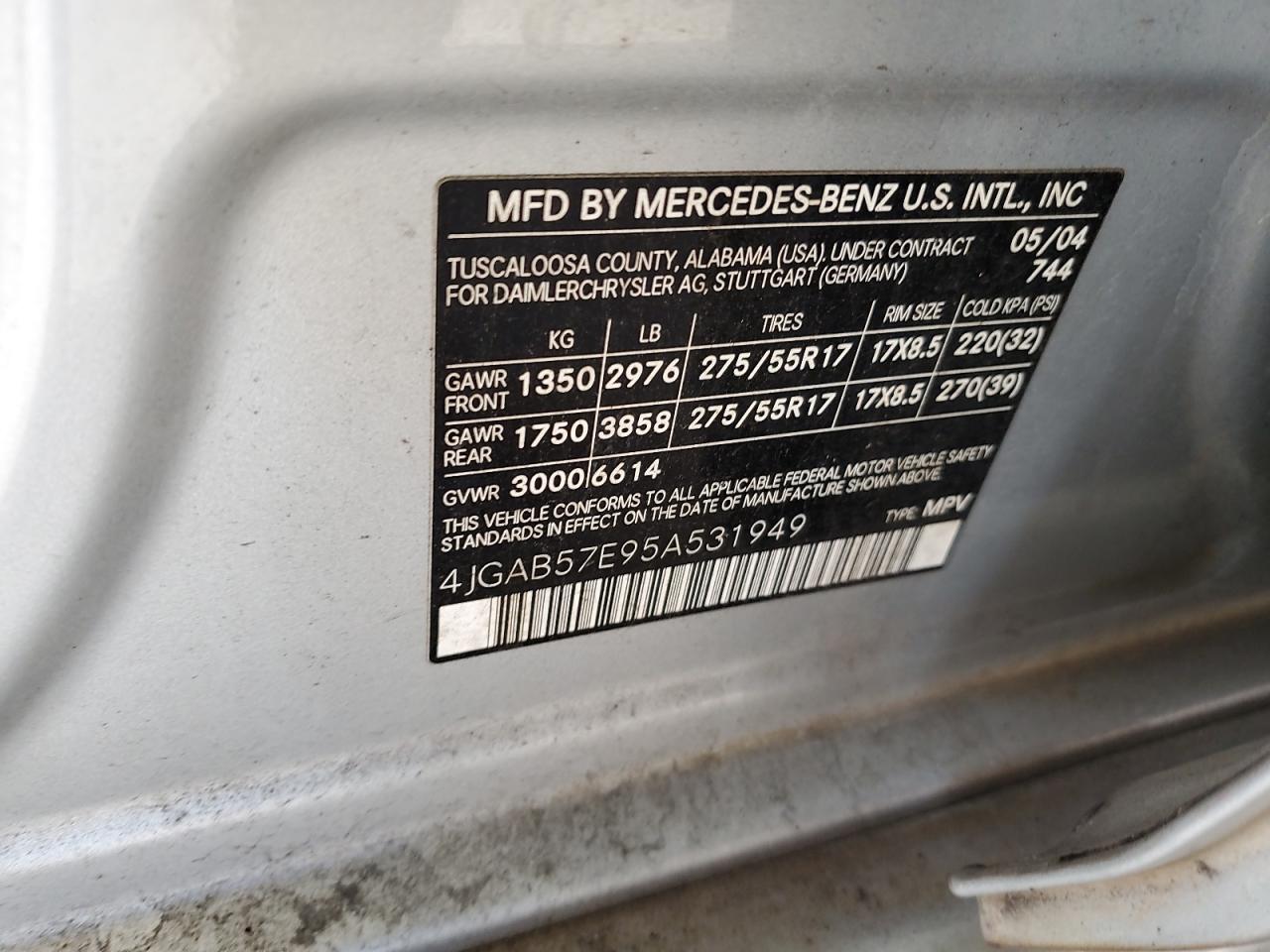 2005 Mercedes-Benz Ml 350 VIN: 4JGAB57E95A531949 Lot: 93136445