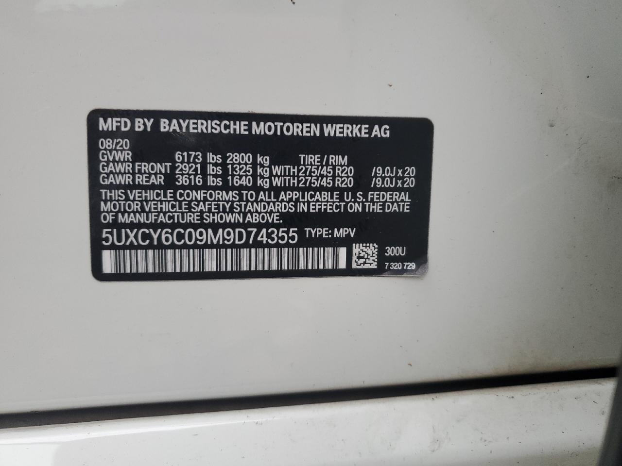 2021 BMW X6 xDrive40I VIN: 5UXCY6C09M9D74355 Lot: 92272025