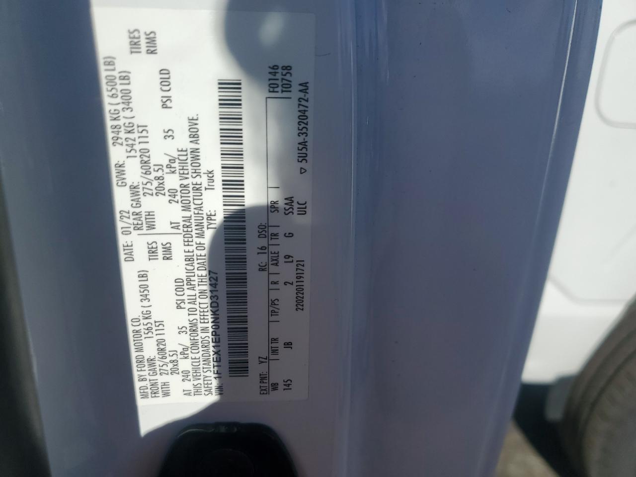 2022 Ford F150 Super Cab VIN: 1FTEX1EP0NKD31427 Lot: 91053465