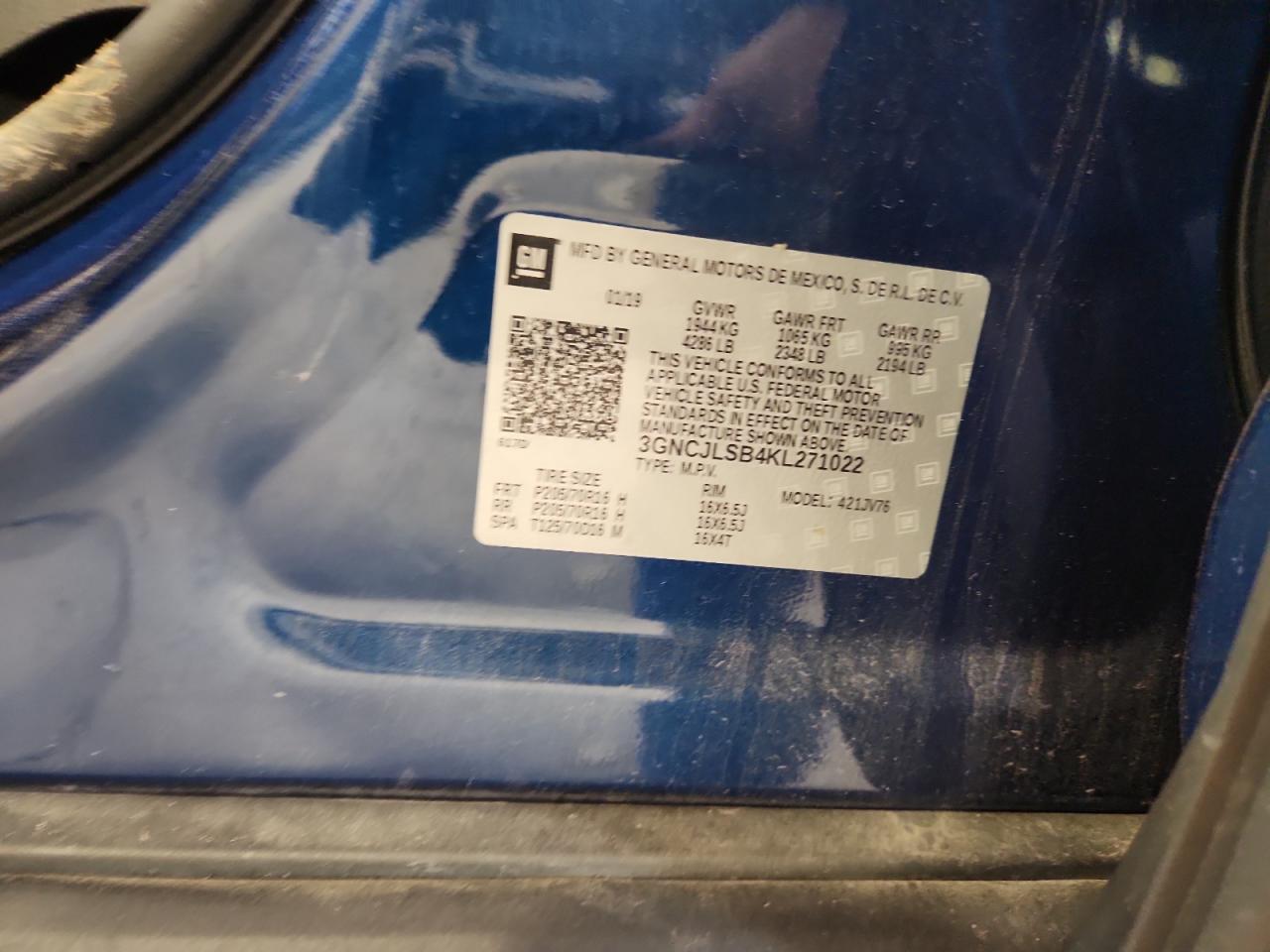 2019 Chevrolet Trax 1Lt VIN: 3GNCJLSB4KL271022 Lot: 91446945