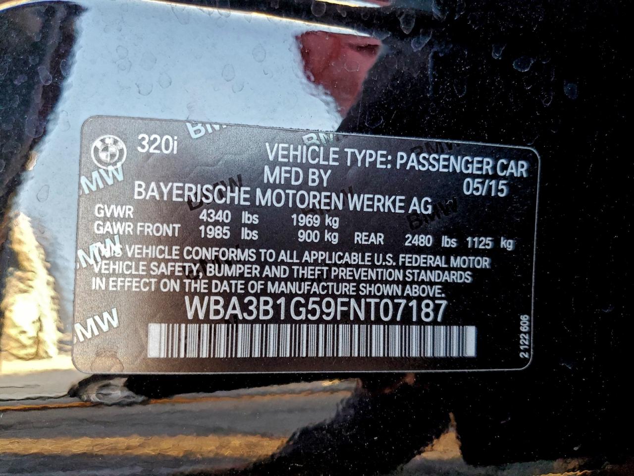 2015 BMW 320 I VIN: WBA3B1G59FNT07187 Lot: 94809495