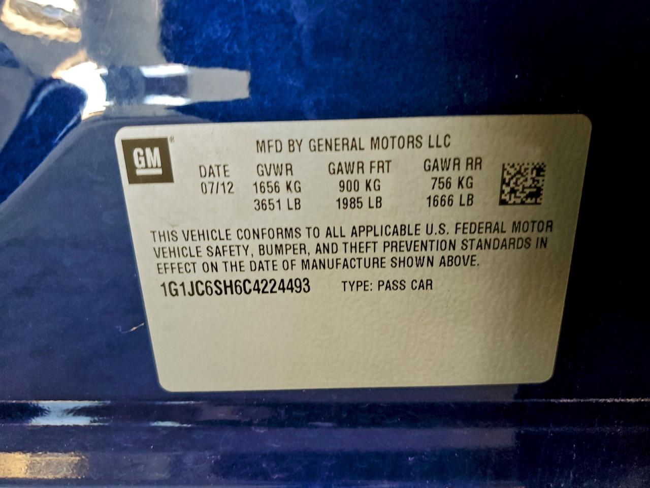 2012 Chevrolet Sonic Lt VIN: 1G1JC6SH6C4224493 Lot: 94913455