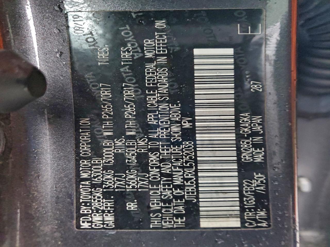 2020 Toyota 4Runner Sr5/Sr5 Premium VIN: JTEBU5JRXL5752038 Lot: 94471385