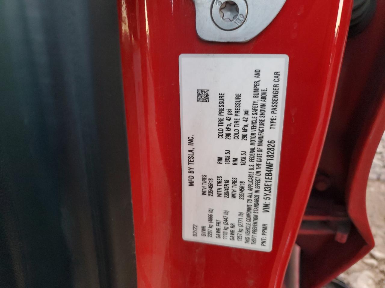 2022 Tesla Model 3 VIN: 5YJ3E1EB4NF182826 Lot: 93501375