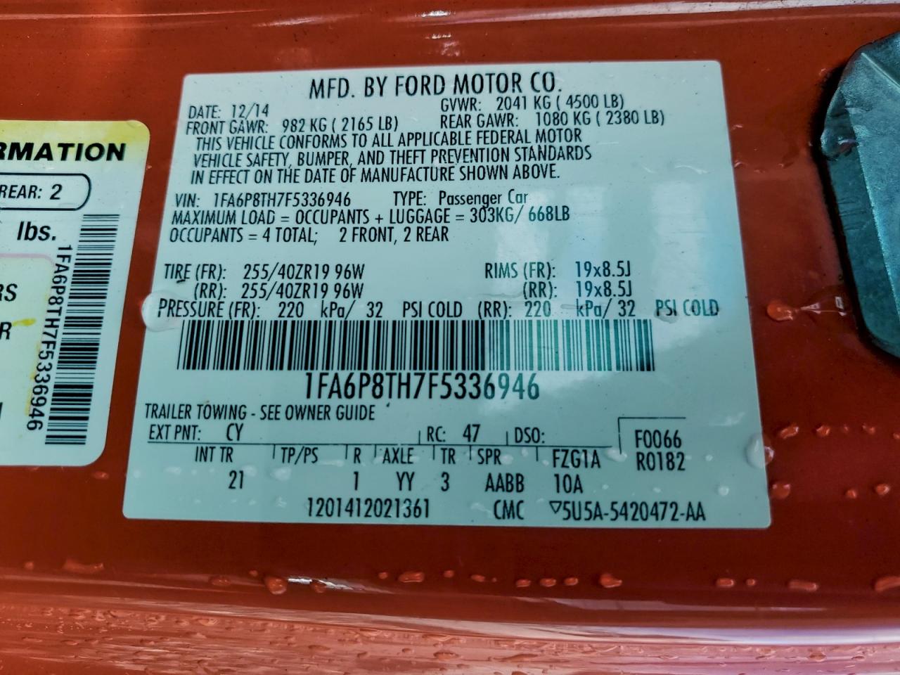 2015 Ford Mustang VIN: 1FA6P8TH7F5336946 Lot: 94686005