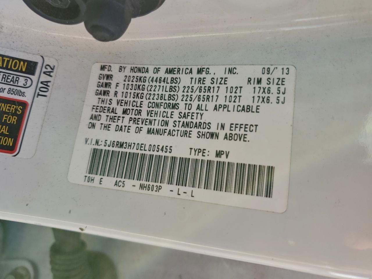 2014 Honda Cr-V Exl VIN: 5J6RM3H70EL005455 Lot: 93984235