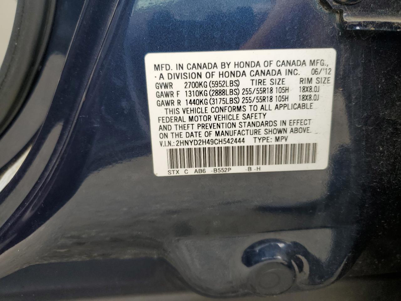 2012 Acura Mdx Technology VIN: 2HNYD2H49CH542444 Lot: 93377745