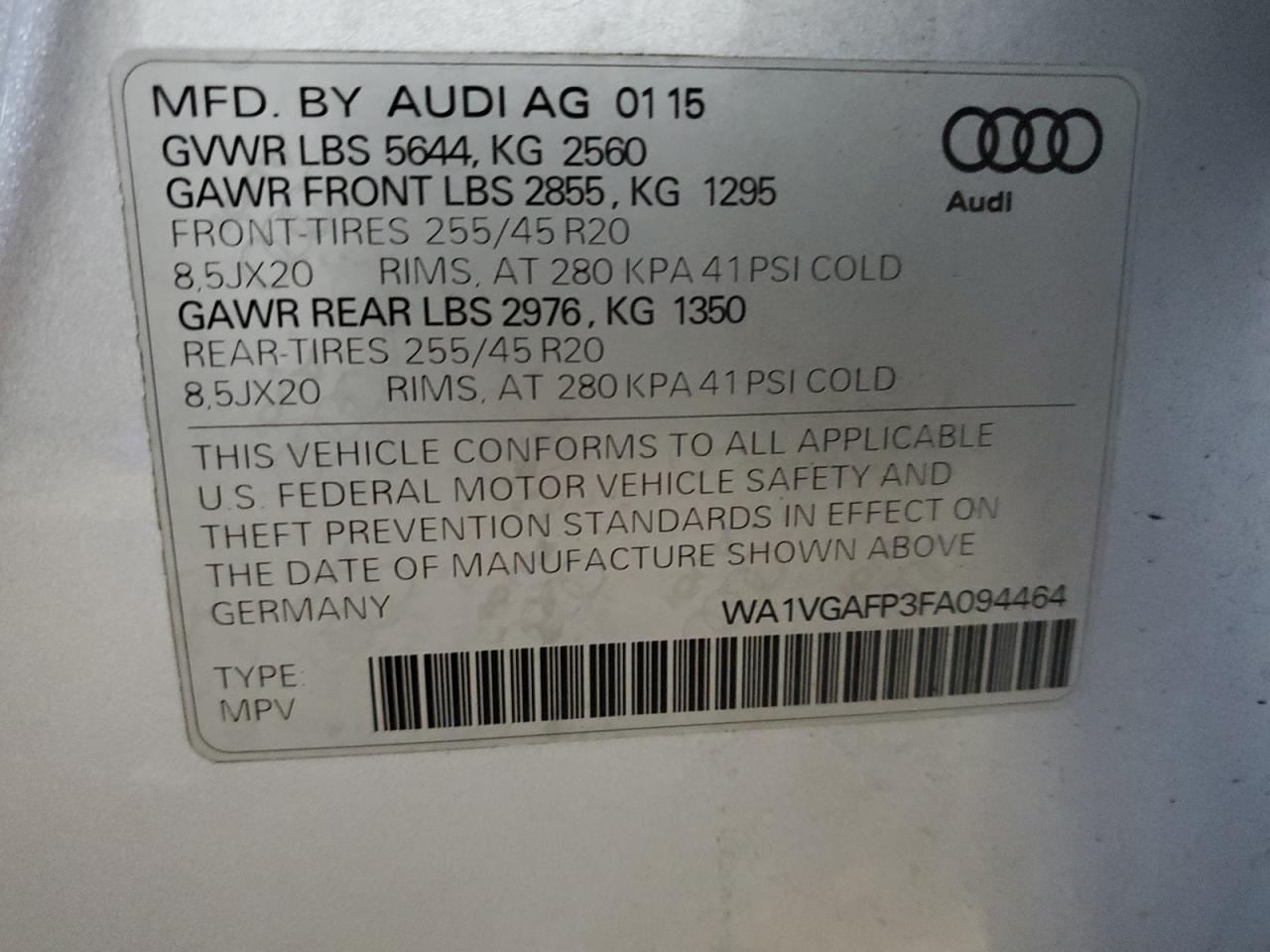 2015 Audi Sq5 Prestige VIN: WA1VGAFP3FA094464 Lot: 90996735