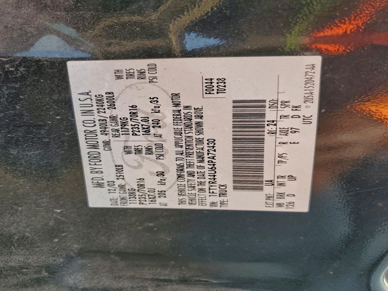 2004 Ford Ranger Super Cab VIN: 1FTYR44U64PA72430 Lot: 93929645