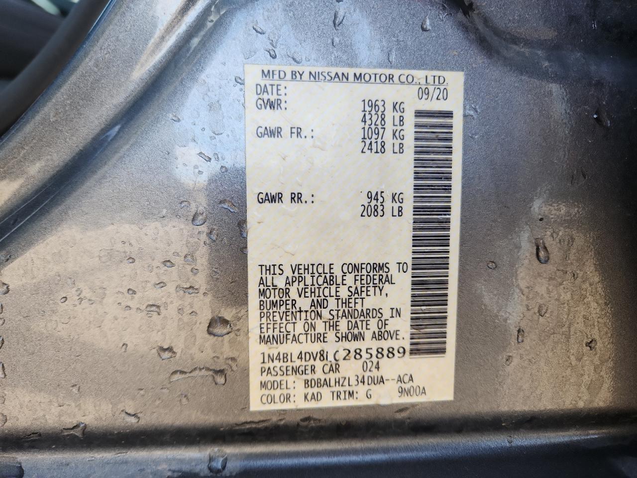 2020 Nissan Altima Sv VIN: 1N4BL4DV8LC285889 Lot: 93274615