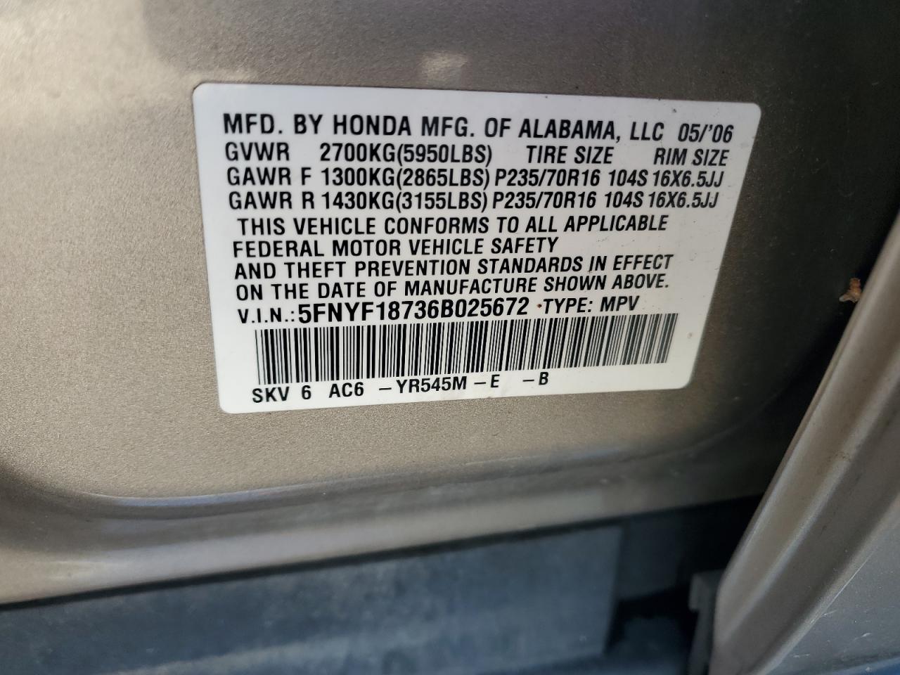 2006 Honda Pilot Ex VIN: 5FNYF18736B025672 Lot: 92385805