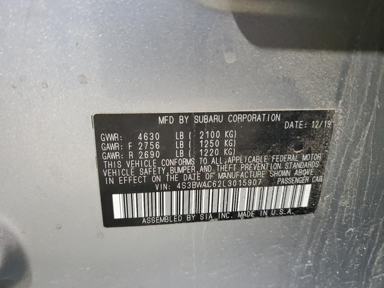 2020 Subaru Legacy Premium VIN: 4S3BWAC62L3015907 Lot: 92367625